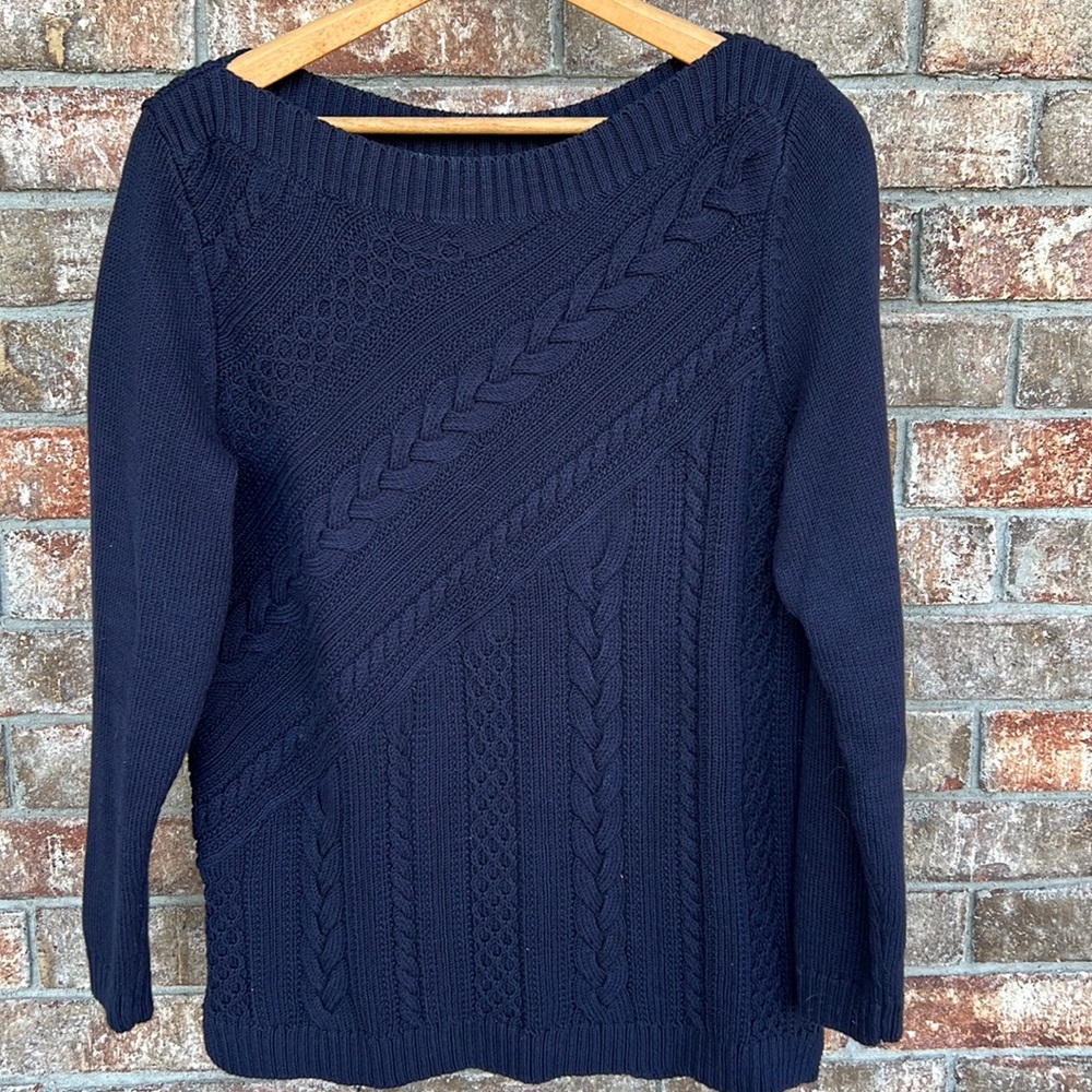 Talbots chunky knit boat neck sweater in navy. Size large
